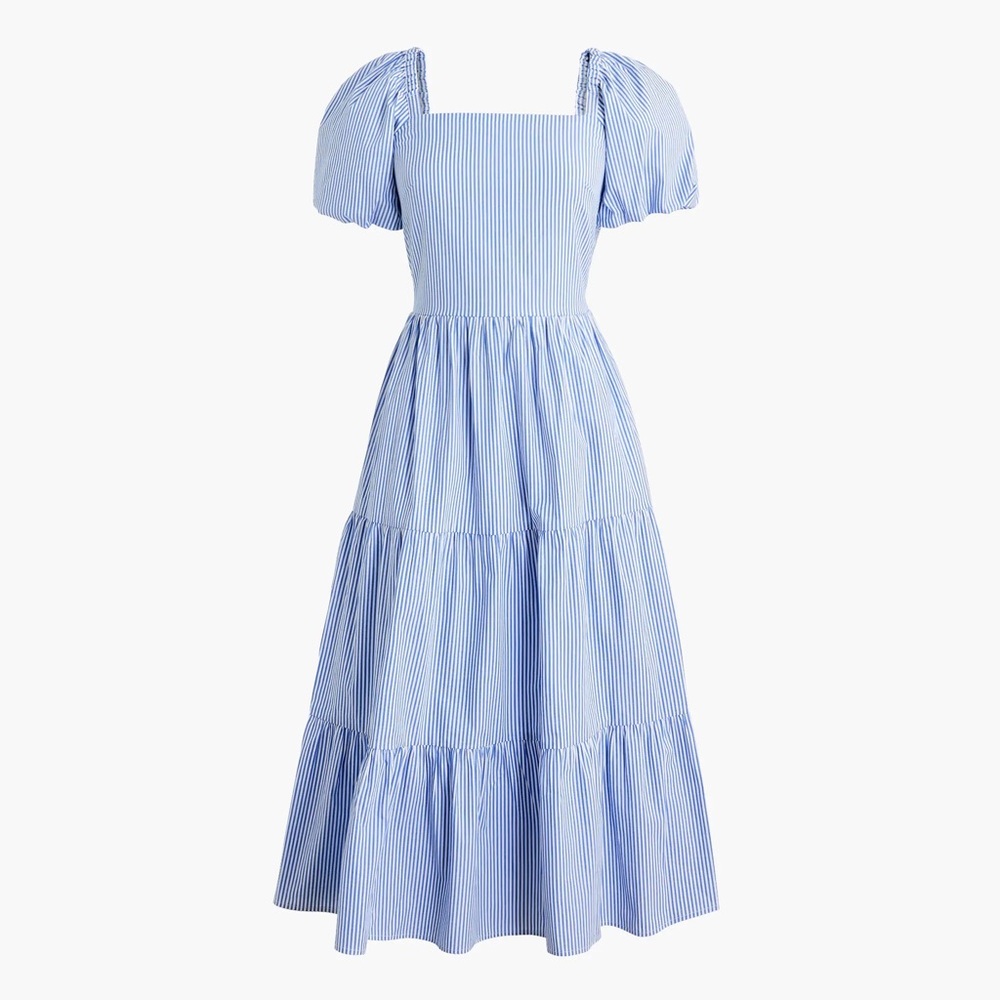 NWT J. Crew Blue and White Striped Tiered Midi Dress with Puff Sleeves (Size 10)